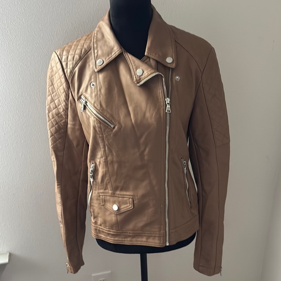 Express (minus) the leather quilted moto honey brown zip up jacket Sz M - Picture 3 of 12